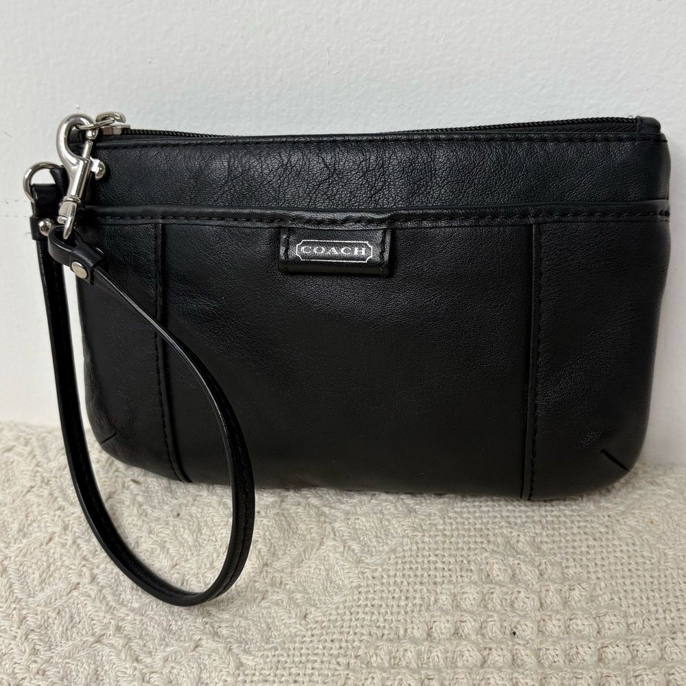 Coach Black Leather Wristlet with Silver Accents